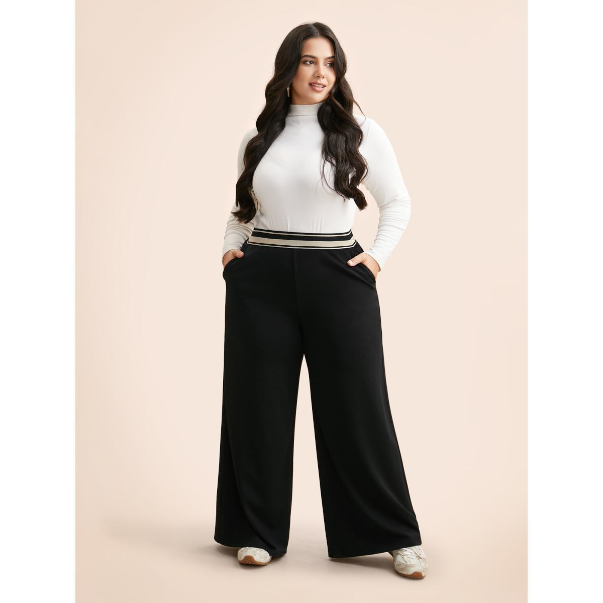 Plus Size Mid Rise Contrast Elastic Waist Pants Women Black Casual Mid Rise Everyday Pants BloomChic 28/5X Product Image