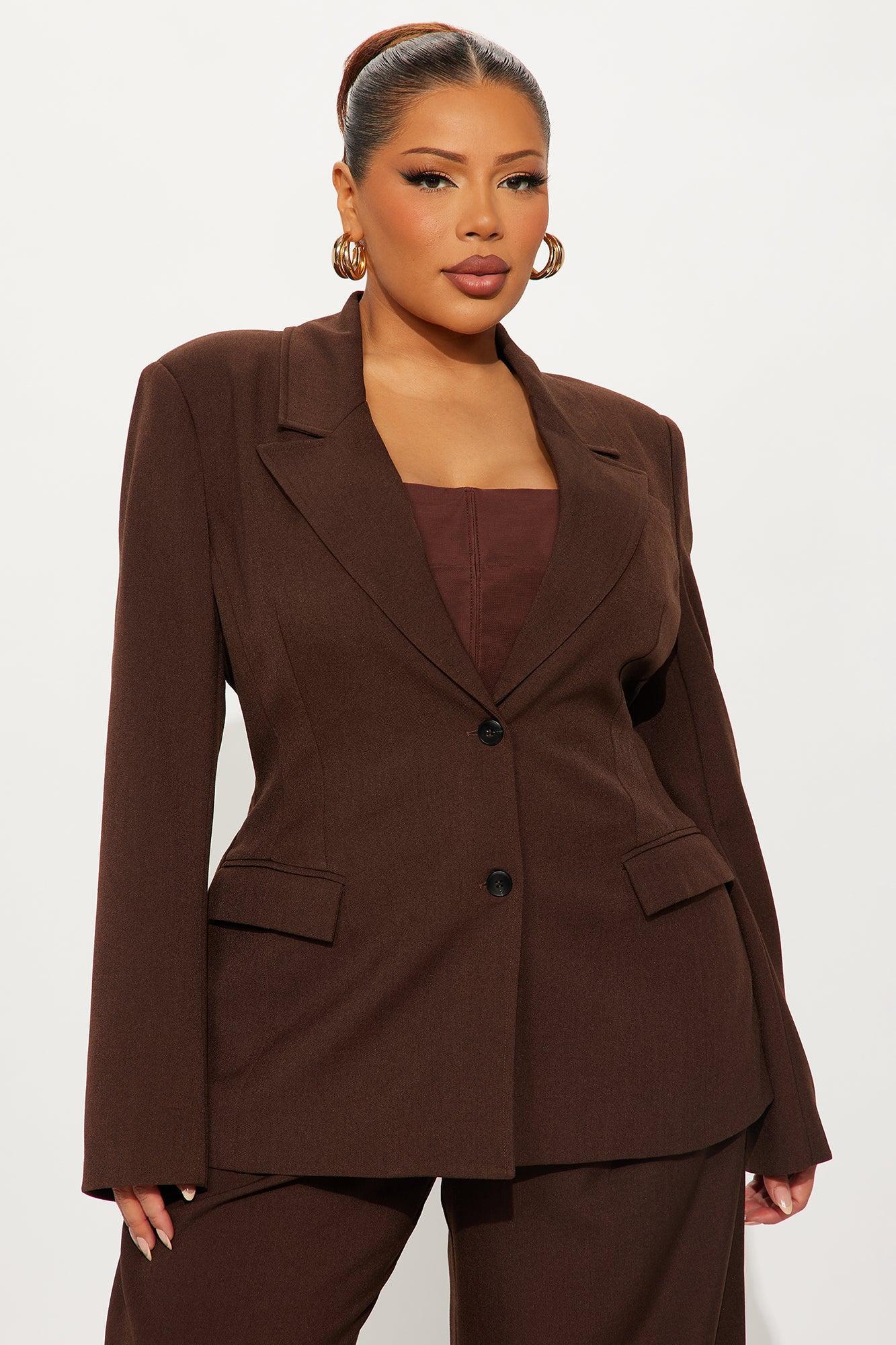 Going Forward Fitted Waist Blazer Pant Set - Brown Product Image