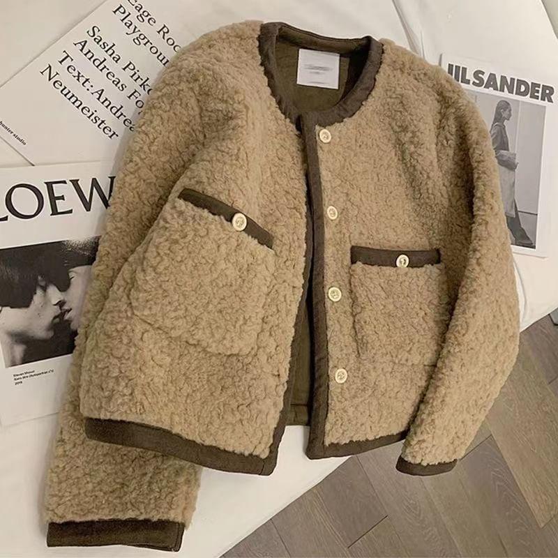 Round Neck Contrast Trim Fleece Button Jacket Product Image