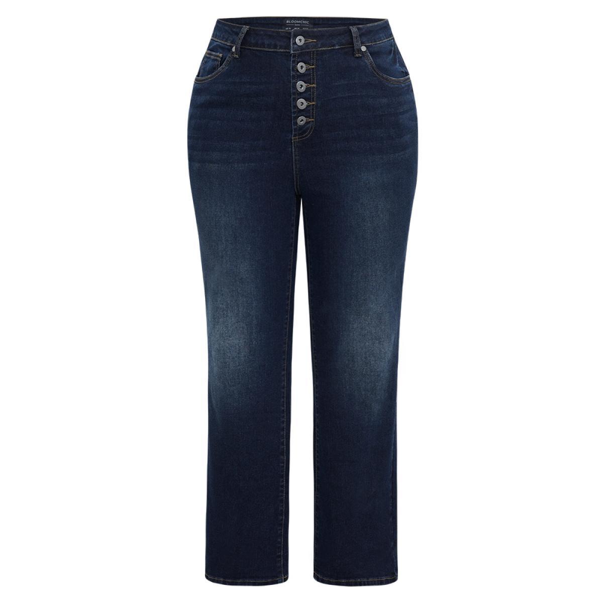 Plus Size Straight Leg Button Fly Pocket Jeans Women Indigo Casual Plain Plain High stretch Pocket Jeans BloomChic 12/L Product Image
