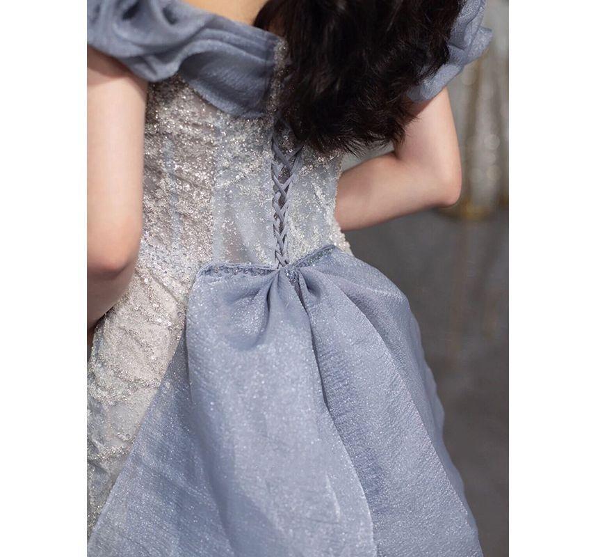 Off-Shoulder Embroidered Ruffled Bow Back Mermaid Evening Gown Product Image