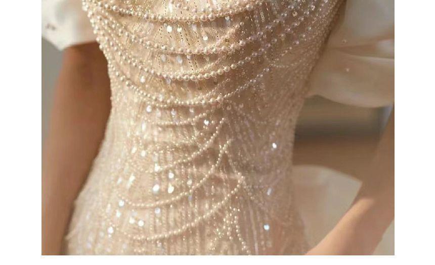 Puff-Sleeve Off-Shoulder Sequin Bow Back Faux Pearl Mermaid Wedding Gown Product Image