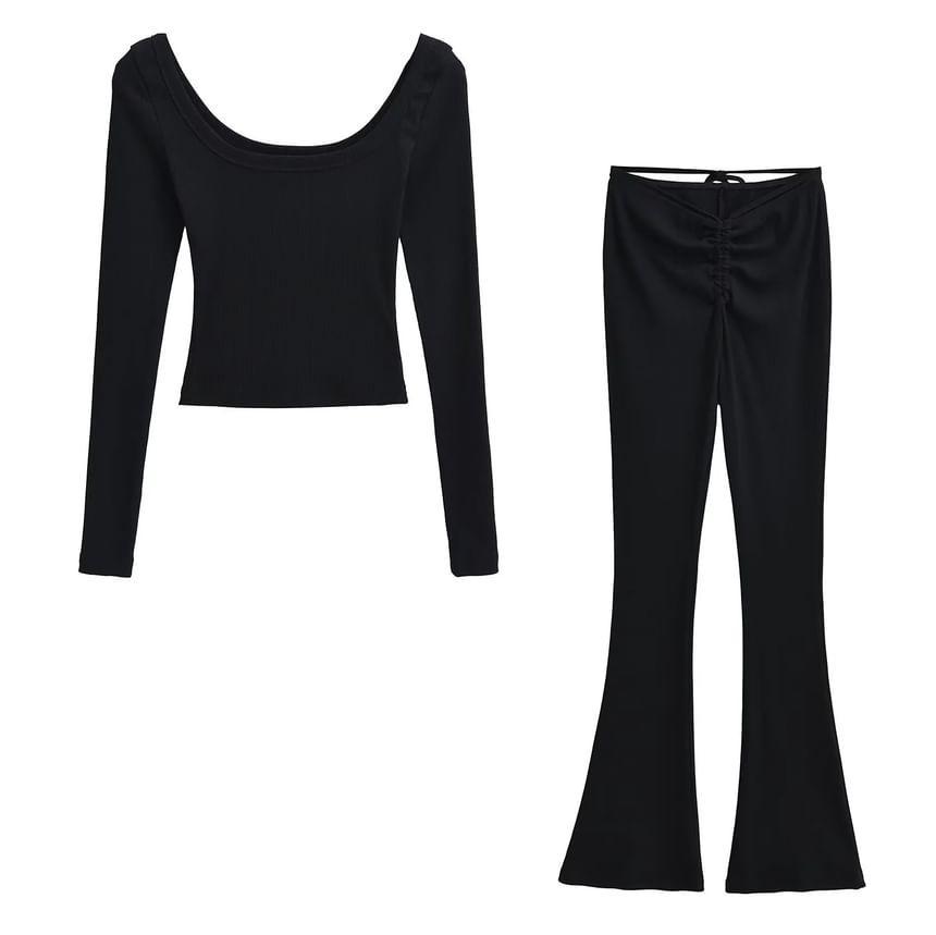 Set: Long Sleeve Scoop Neck Plain T-Shirt + Mid Waist Plain Drawstring Flared Pants Product Image