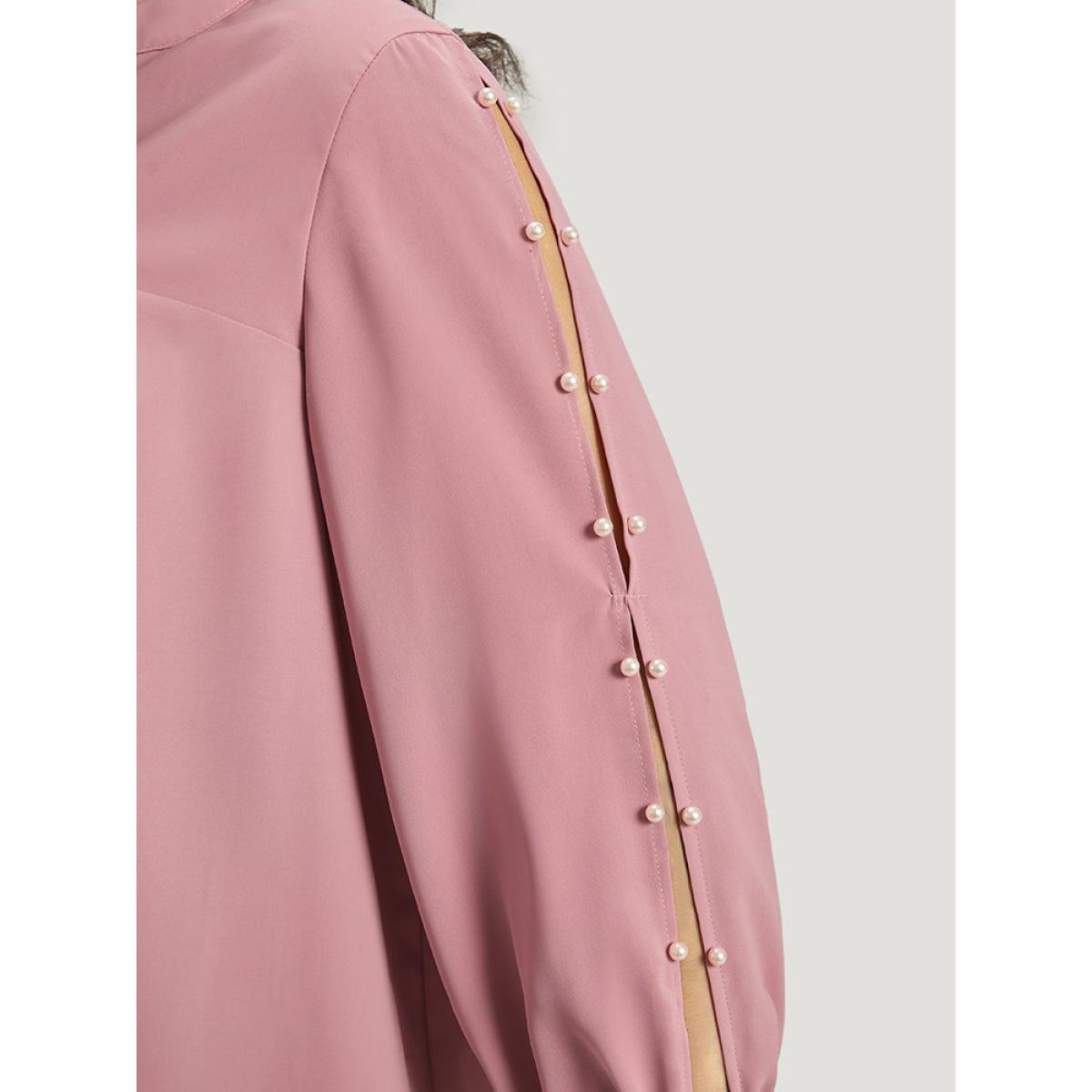 Plus Size DustyPink Plain Pleated Ties Beaded Notched Blouse Women Elegant Long Sleeve Notched collar Dailywear Blouses BloomChic 30/6X Product Image
