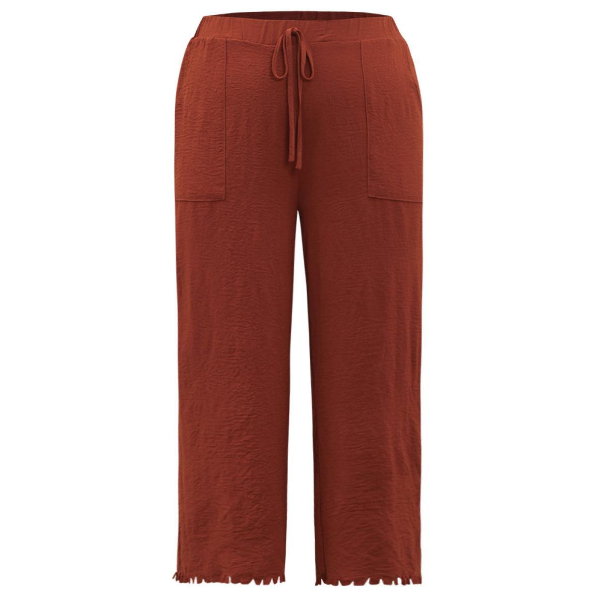 Plus Size Plain Frayed Hem Pocket Bowknot Pants Women Rust Office Straight Leg High Rise Work Pants BloomChic 18-20/2X Product Image