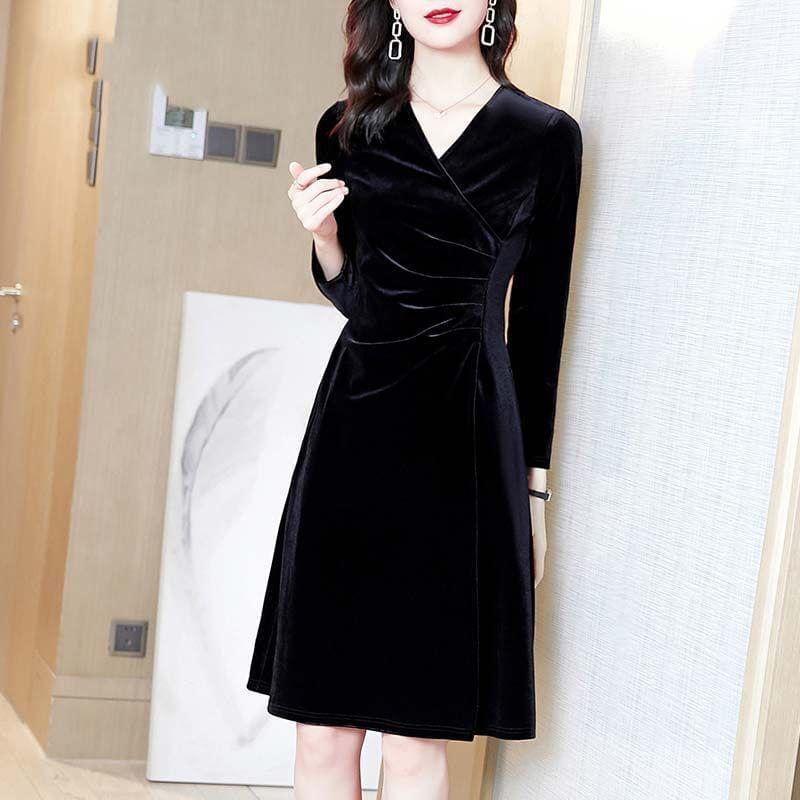 Long-Sleeve V-Neck Shirred Mini A-Line Velvet Dress Product Image