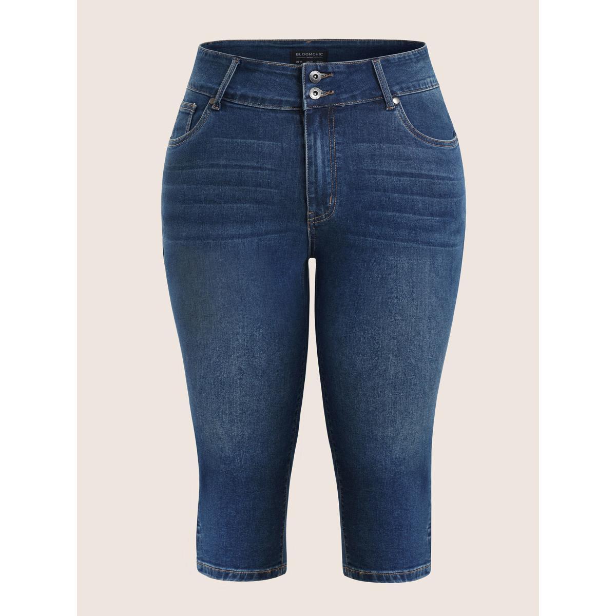 Plus Size Skinny Below The Knees Pocket Jeans Women Aegean Casual Plain Non High stretch Slanted pocket Jeans BloomChic 22/3X Product Image