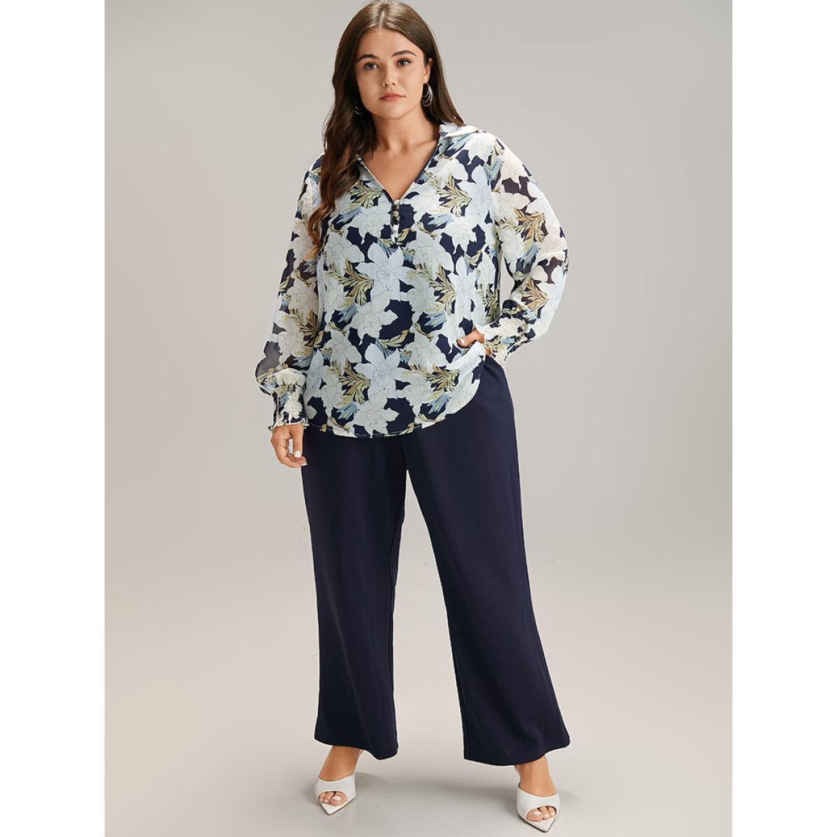Plus Size DarkBlue Chiffon Silhouette Floral Print Shirred Frill Trim Blouse Women Elegant Long Sleeve V-neck Dailywear Blouses BloomChic 14-16/1X Product Image