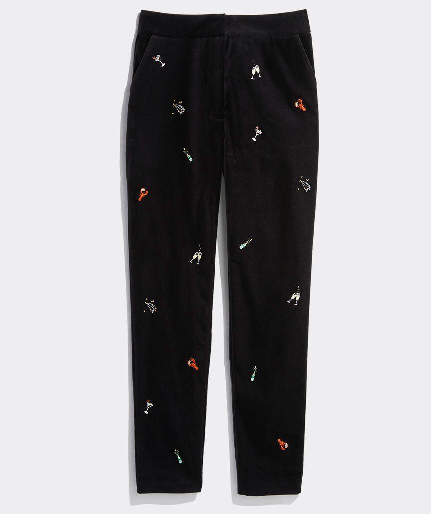 Embroidered Stretch Velvet Pants Product Image