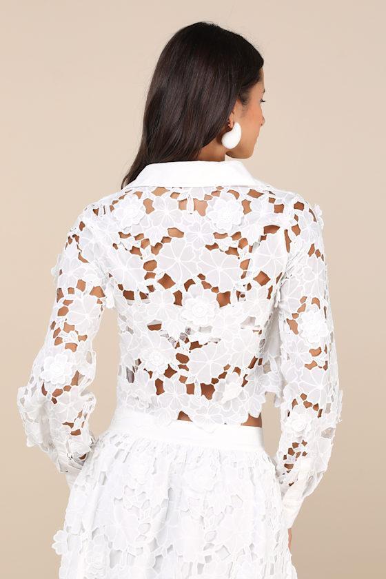 Ottis White Sheer Laser-Cut Floral Collared Long Sleeve Top Product Image
