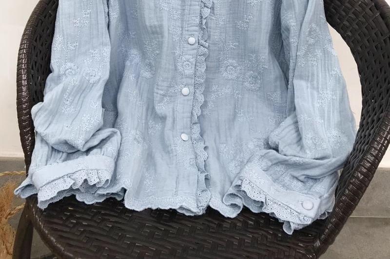 Frill Trim Collar Button-Up Plain Cardigan Product Image