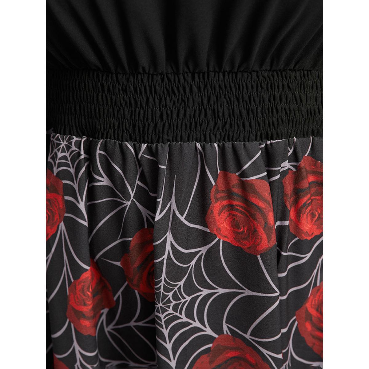 Plus Size Halloween Rose Ruffles Shirred Elastic Waist Dress Black Women Casual Printed V-neck Long Sleeve Curvy Midi Dress BloomChic 26/4X Product Image