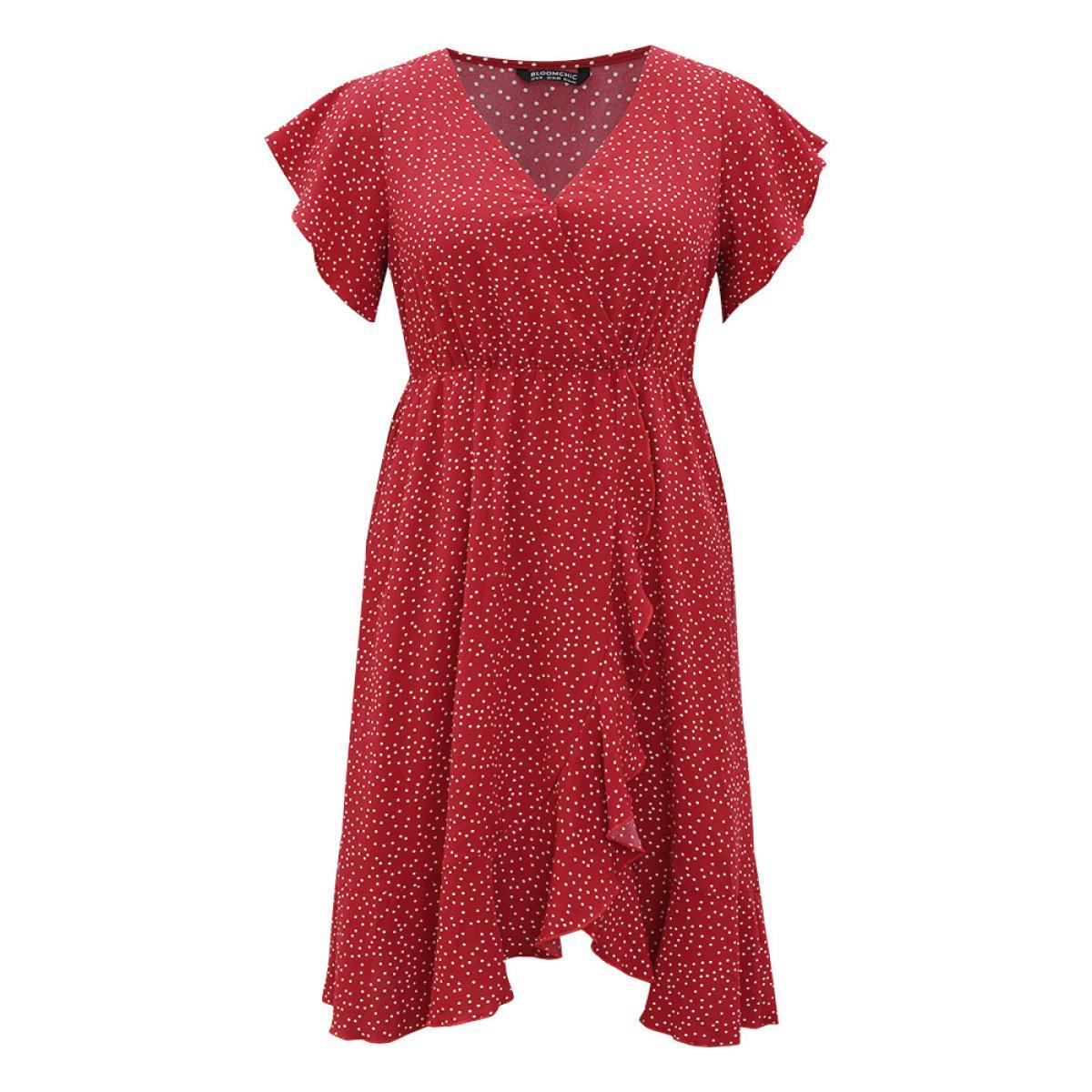 Plus Size Polka Dot Ruffles Wrap Pocket Asymmetrical Hem Dress Raspberry Women Elegant Wrap V-neck Short sleeve Curvy Knee Dress BloomChic 18-20/2X Product Image