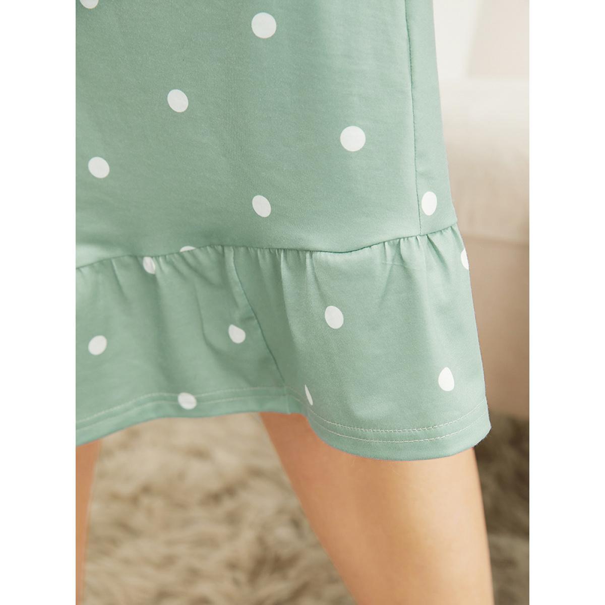 Plus Size Polka Dot Lace Ruffle Trim Pocket Sleep Dress Women Sage Elegant Polka Dot Lace Round Neck Pocket Loungewear BloomChic 30/6X Product Image
