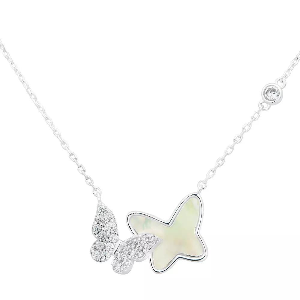 City Luxe Silver Tone Genuine Mother of Pearl & Cubic Zirconia Butterfly Pendant Necklace, Women's, Silver Tone Mop Product Image