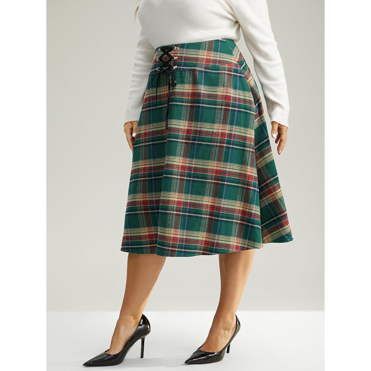 Plus Size Plaid Lace Up Pocket Cropped Skirt Women DarkGreen Party Style accents No stretch Pocket Festival-Christmas Skirts BloomChic 28/5X Product Image