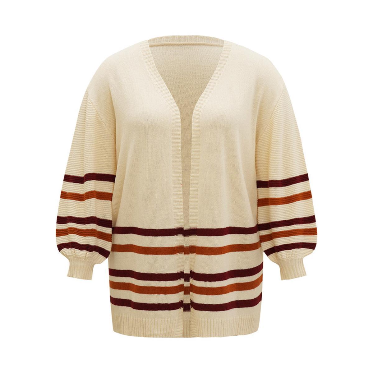 Plus Size Striped Contrast Open Front Cardigan Apricot Women Casual Loose Long Sleeve Dailywear Cardigans BloomChic 14-16/1X Product Image