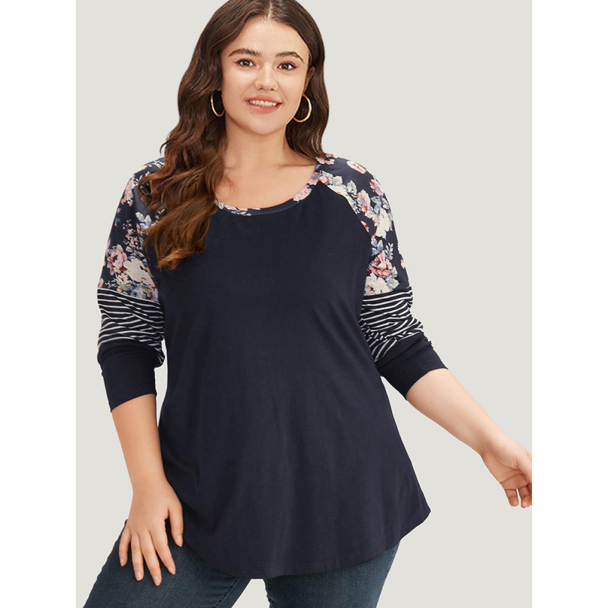 Plus Size Floral Striped Patchwork Crew Neck Raglan Sleeve T-shirt Midnight Women Casual Contrast Striped Round Neck Dailywear T-shirts BloomChic 28/5X Product Image