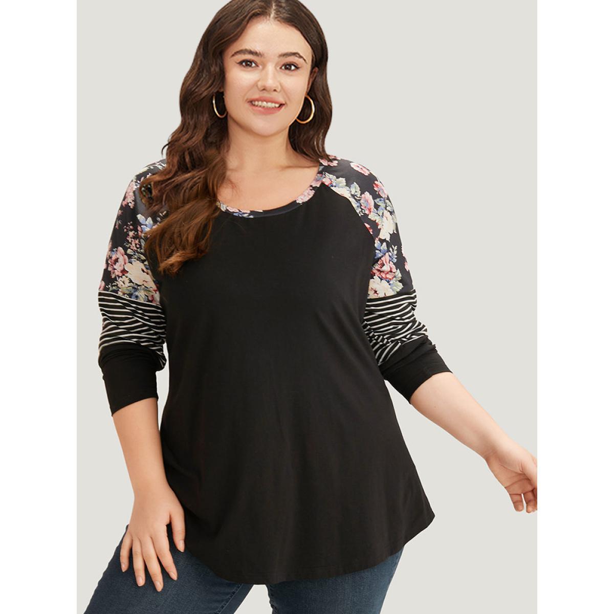 Plus Size Floral Striped Patchwork Crew Neck Raglan Sleeve T-shirt Black Women Casual Contrast Striped Round Neck Dailywear T-shirts BloomChic 12/L Product Image