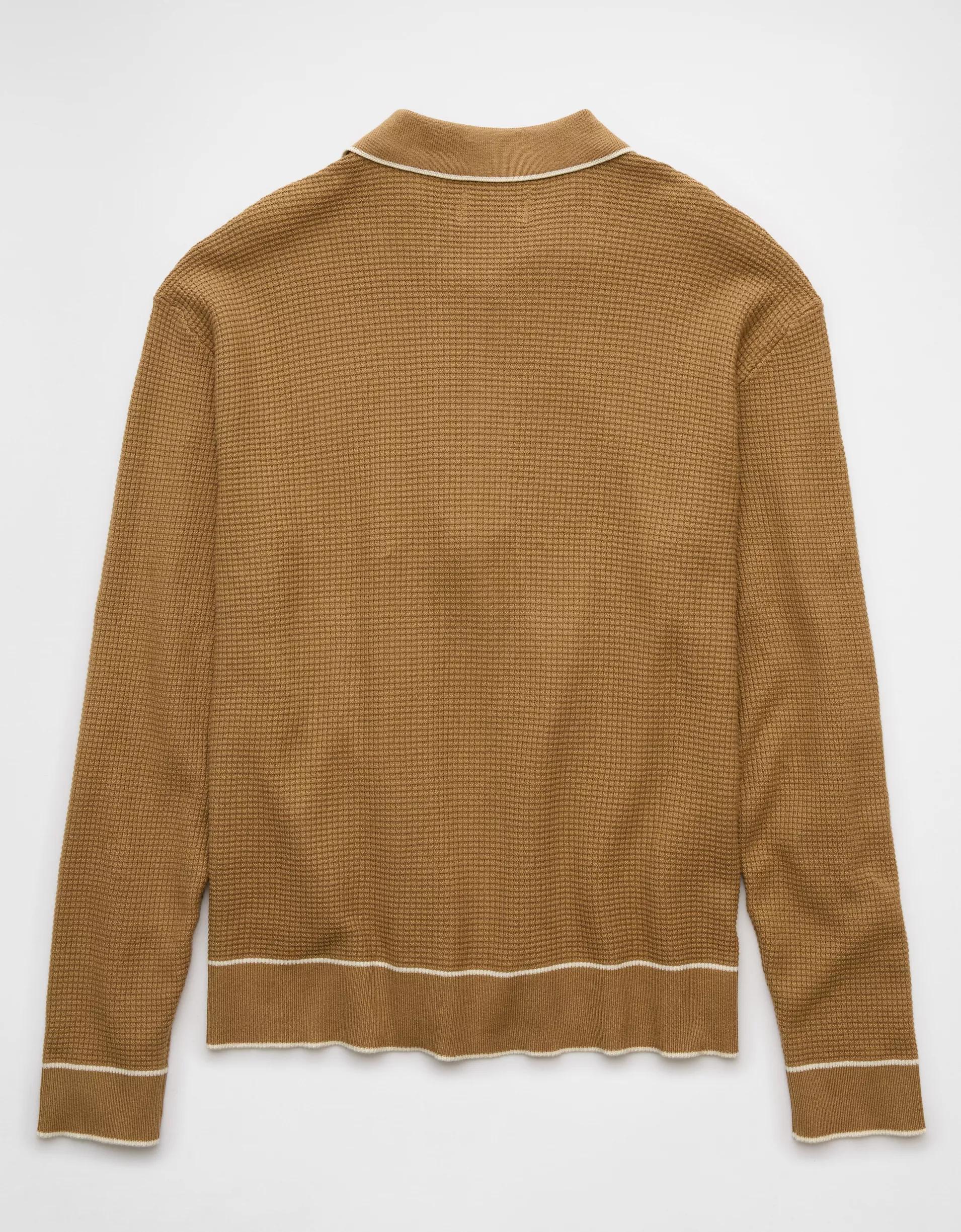 AE Long-Sleeve Tipped Waffle Sweater Polo Shirt Product Image