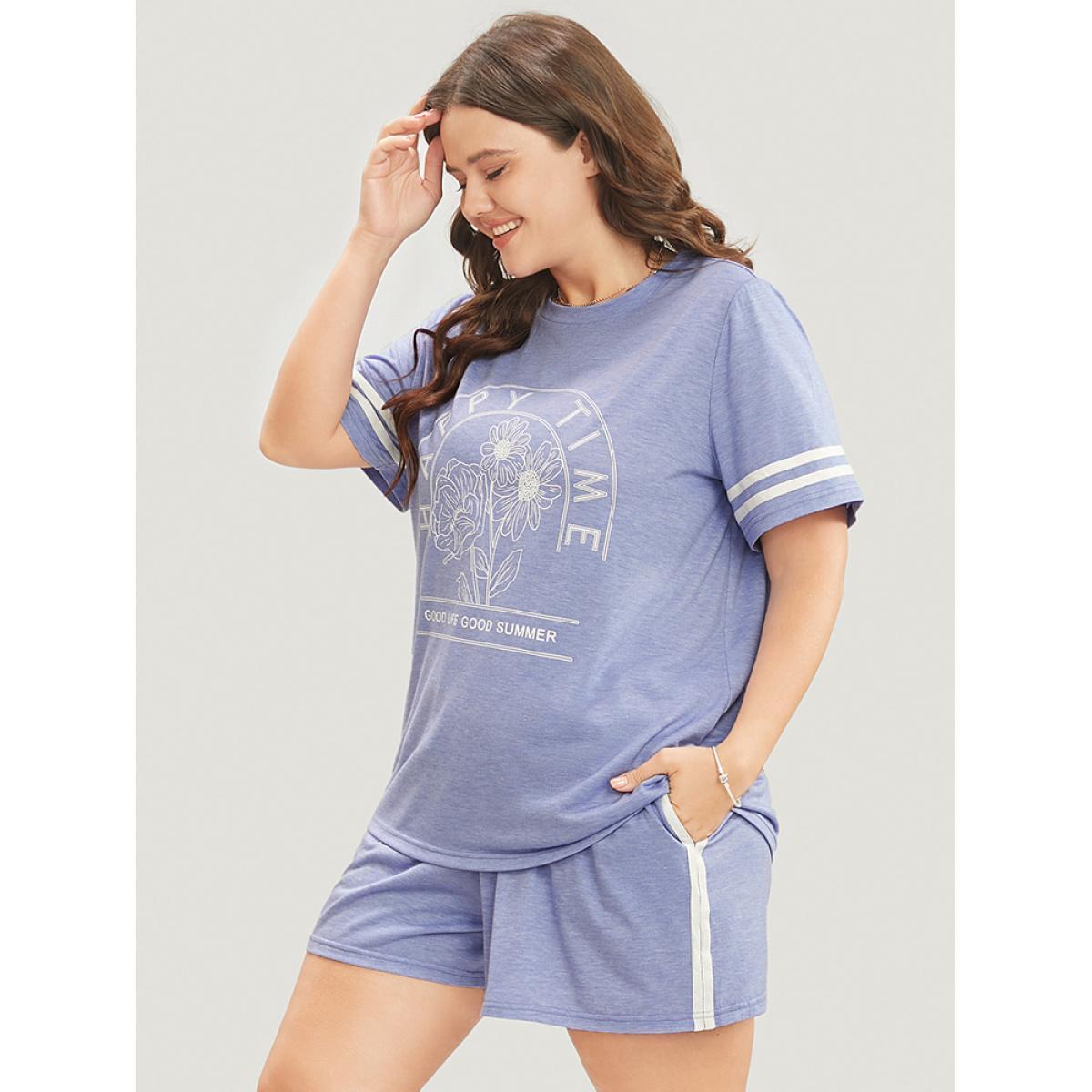 Plus Size Floral & Letter Print Contrast Round Neck Sleep Top Women LightBlue Casual Floral Contrast Round Neck Loungewear BloomChic 26/4X Product Image