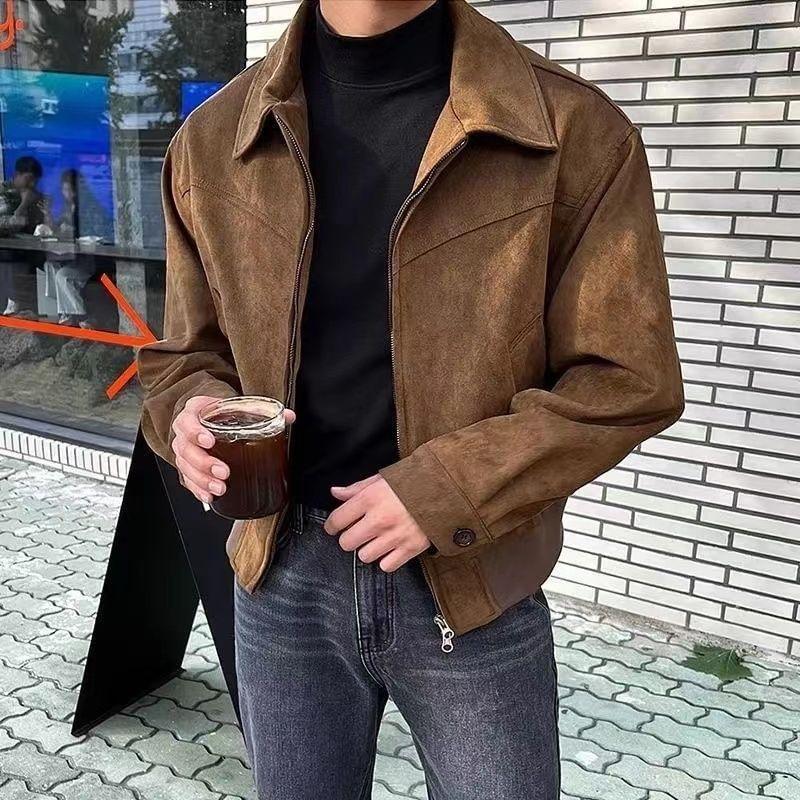 Collared Plain Faux Suede Zip Jacket Product Image