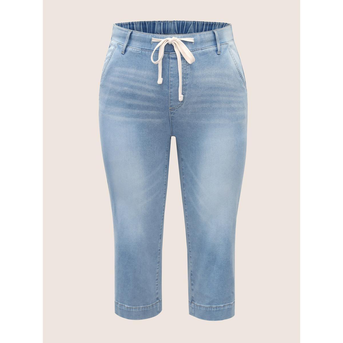 Plus Size Light Wash Drawstring Straight Leg Jeans Women LightBlue Casual Drawstring High stretch Slanted pocket Jeans BloomChic 10/M Product Image