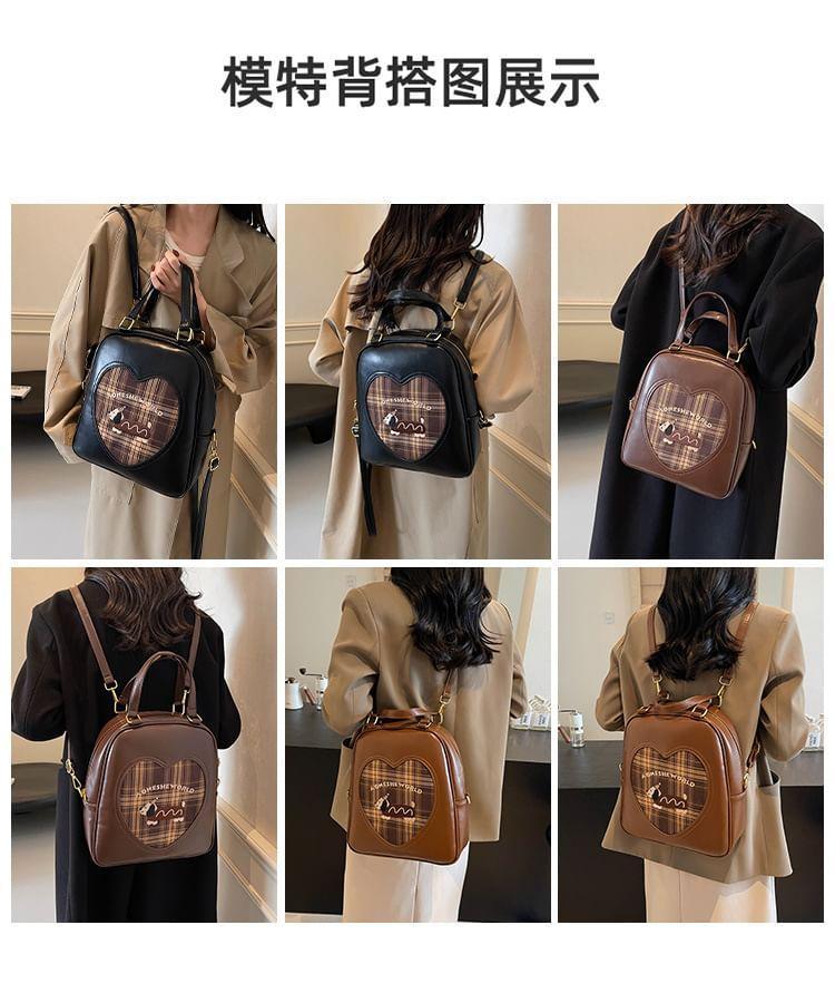 Plaid Cartoon Patterned Panel Faux Leather Top Handle Backpack Product Image