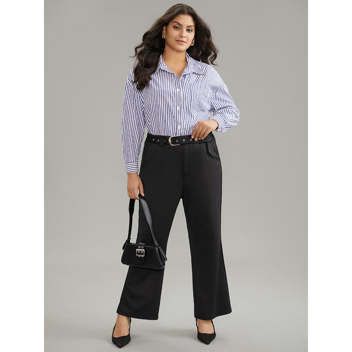 Plus Size Solid High Rise Belted Bootcut Pants Women Black At the Office Flare Leg High Rise Work Pants BloomChic 30/6X Product Image