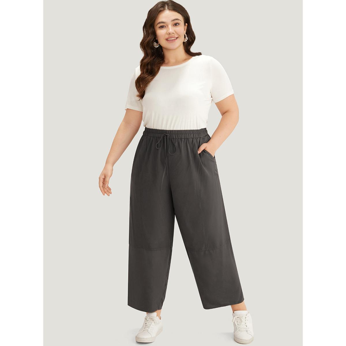 Plus Size Plain Elastic Waist Ties Pocket Pants Women DarkBrown Casual Straight Leg High Rise Dailywear Pants BloomChic 26/4X Product Image