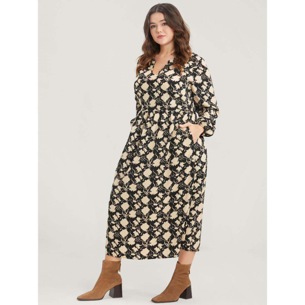 Plus Size Floral Lantern Sleeve Pocket V Neck Midi Dress Black Women Elegant Elastic Waist V-neck Long Sleeve Curvy Midi Dress BloomChic 14-16/1X Product Image
