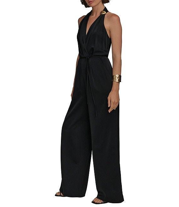 Donna Karan Halter V-Neck Sleeveless Tie Sash Jumpsuit Product Image