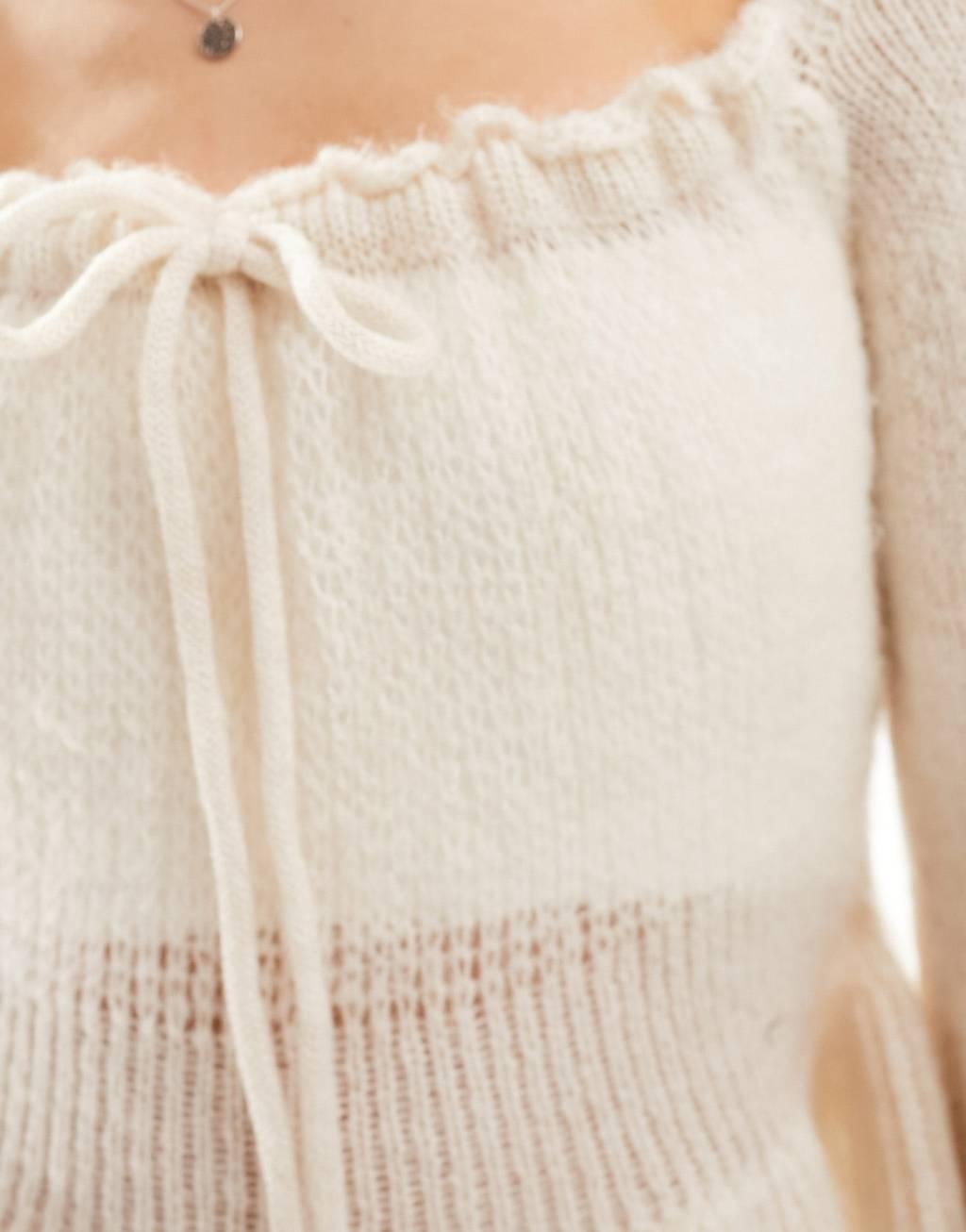 ASOS DESIGN knitted sweetheart neckline top with tie front detail Product Image