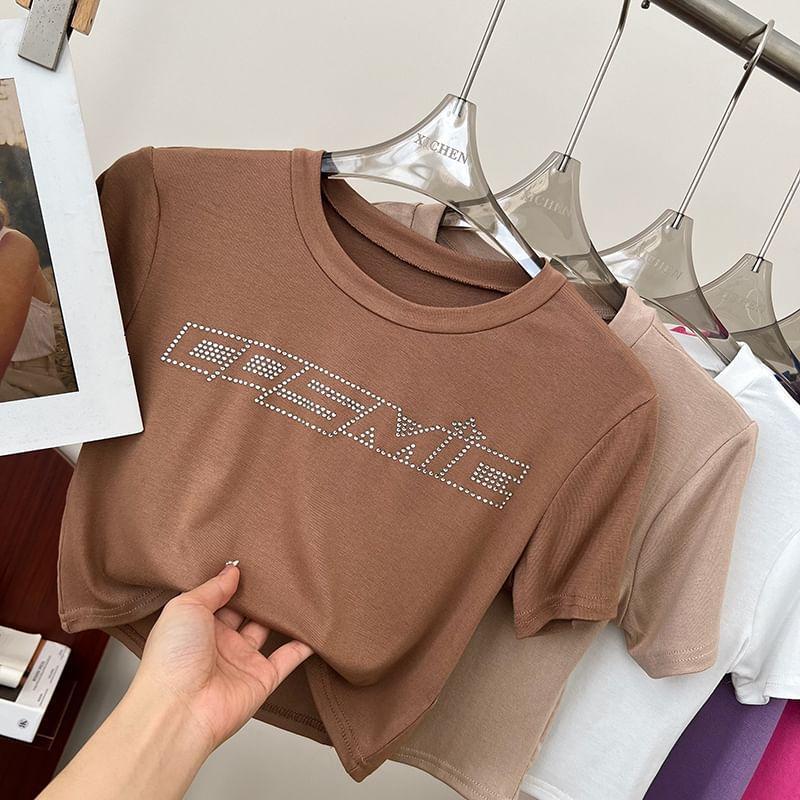 Short-Sleeve Round Neck Lettering Rhinestone T-Shirt Product Image