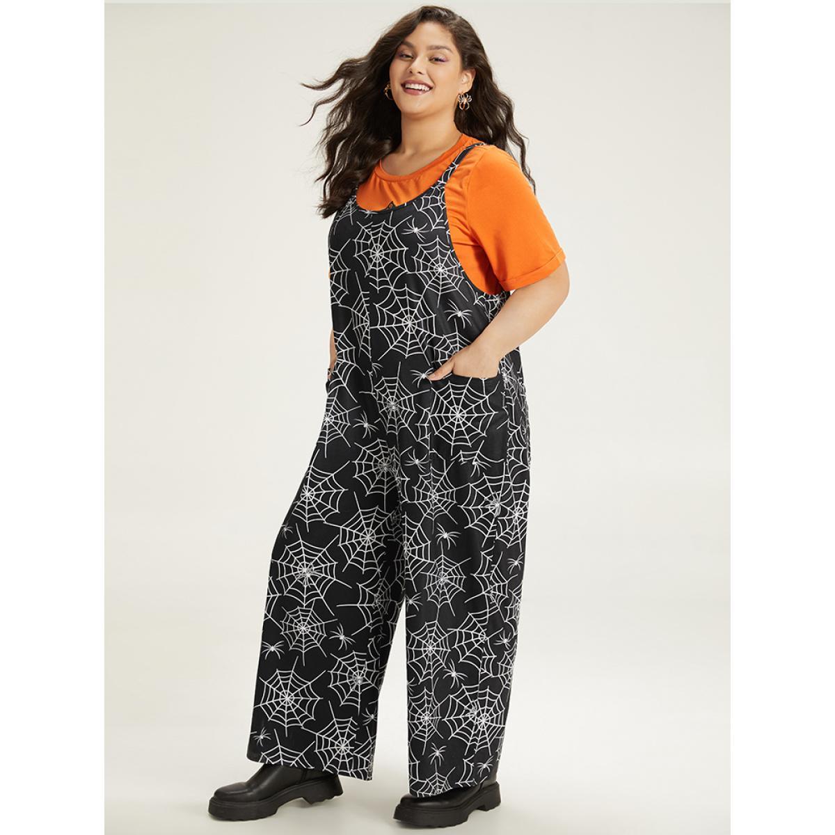 Plus Size DarkGreen Halloween Spider Web Print Pocket Overall Cami Jumpsuit Women Casual Sleeveless Spaghetti Strap Festival-Halloween Loose Jumpsuits BloomChic 10/M Product Image