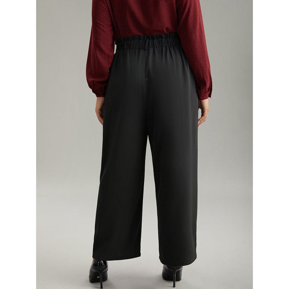 Plus Size Static-Free Solid Glitter Buckle Detail Belted Pants Women Black Office Straight Leg High Rise Work Pants BloomChic 14-16/1X Product Image