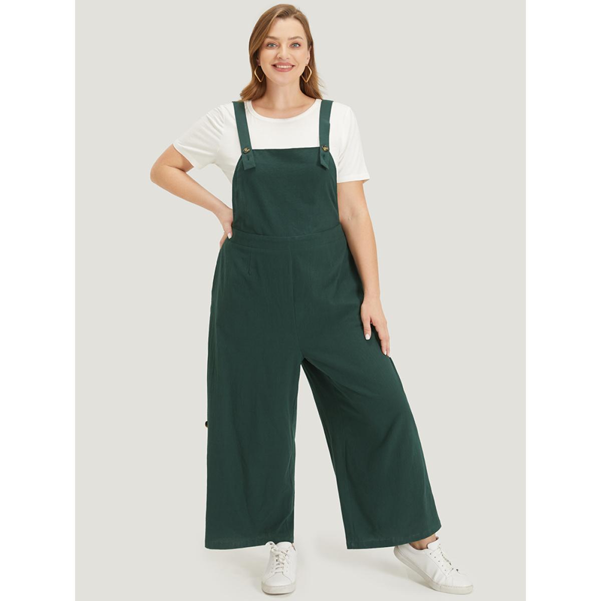Plus Size Cyan Solid Button Detail Pocket Adjustable Straps Cami Jumpsuit Women Casual Sleeveless Square Neck Dailywear Loose Jumpsuits BloomChic 26/4X Product Image