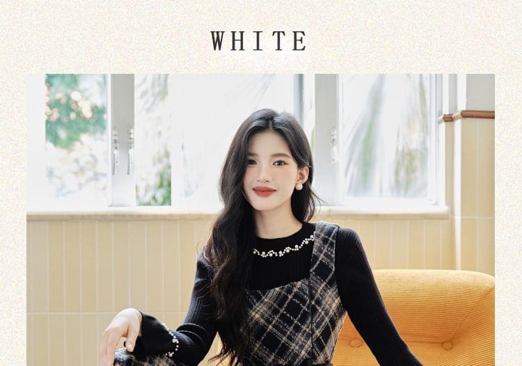 Long-Sleeve Crew Neck Faux Pearl Knit Top / Square Neck Plaid Midi A-Line Overall Dress Product Image