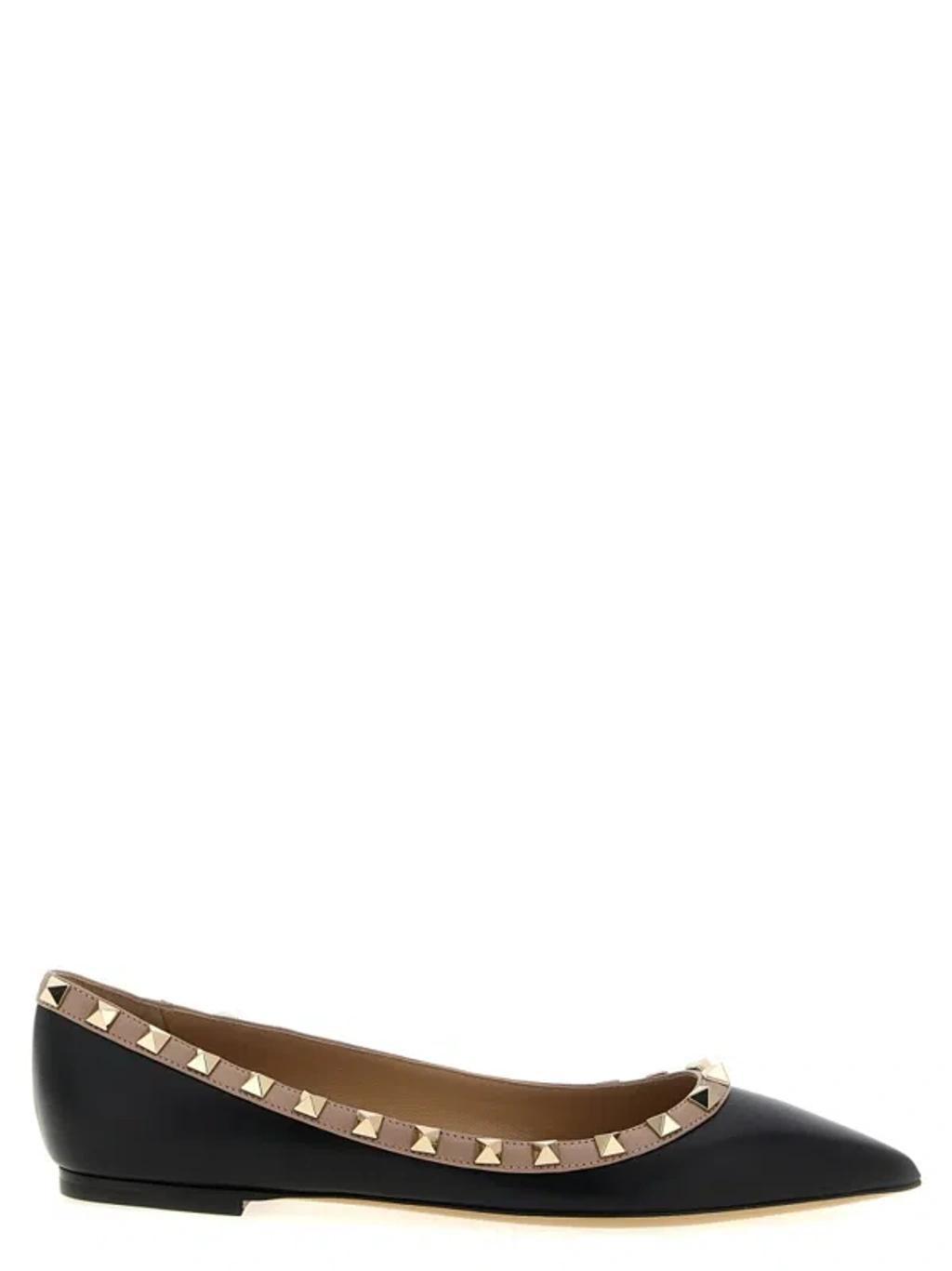 VALENTINO GARAVANI Pointed Toe Studded Trim Flat Sole Ballerina In Black Product Image
