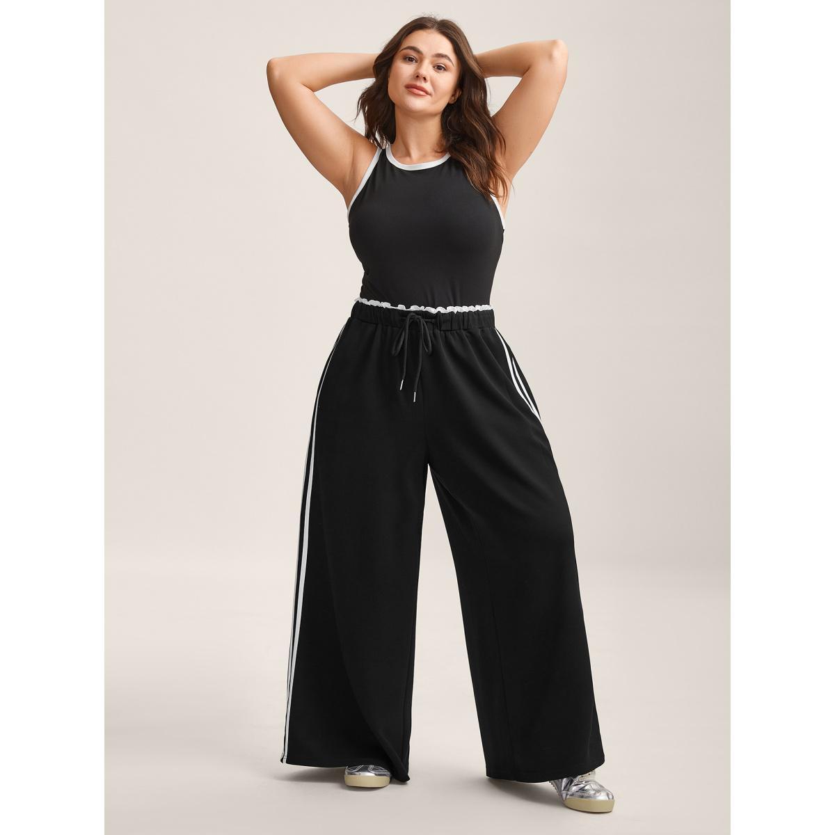 Plus Size Contrast Lines Drawstring Wide-Leg Pants Women Black Casual Wide Leg Mid Rise Everyday-Casual Pants BloomChic 18-20/2X Product Image