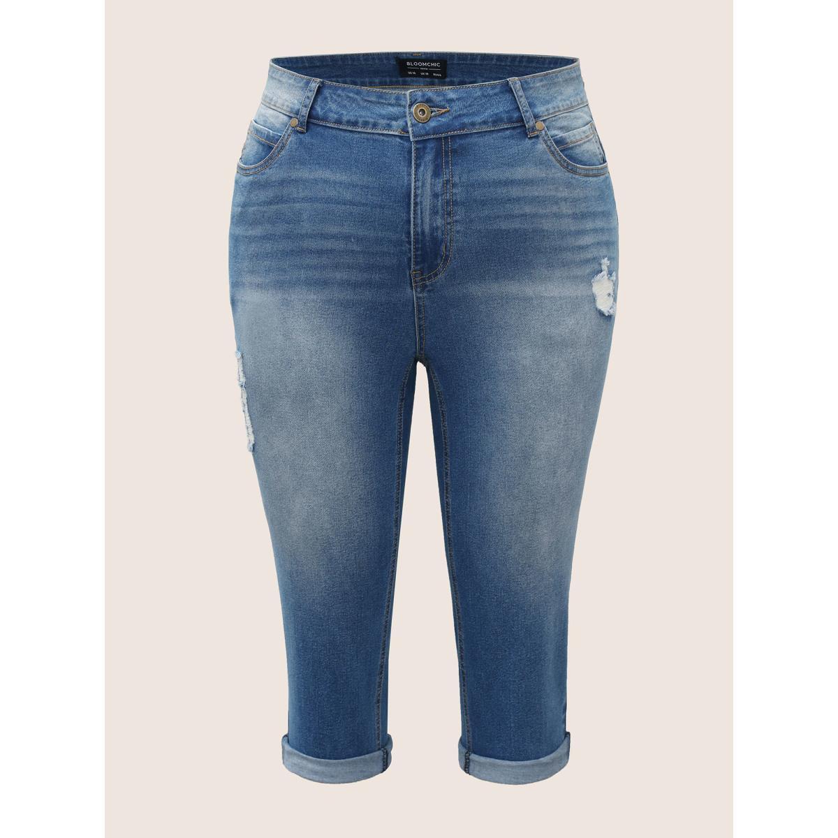 Plus Size Light Wash Distressed Roll Hem Jeans Women Blue Casual Roll Hem High stretch Pocket Jeans BloomChic 16/1X Product Image