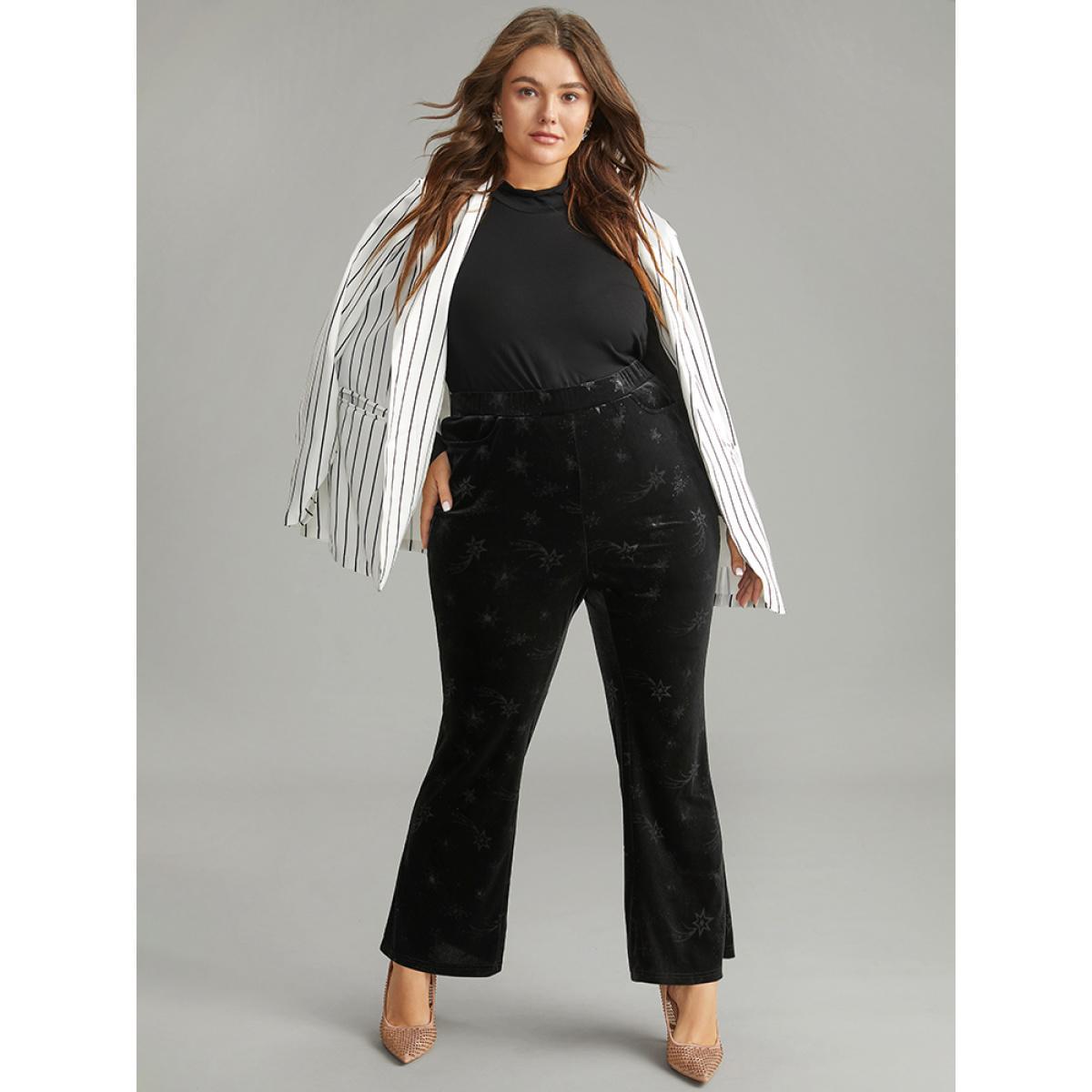 Plus Size Velvet Star Elastic Waist Pants Women Black Glamour Flare Leg High Rise Festival-Halloween Pants BloomChic 18-20/2X Product Image