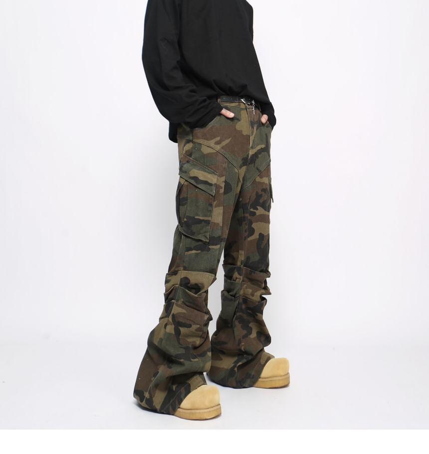 Mid Rise Camo Print Ruched Wide Leg Cargo Pants Product Image