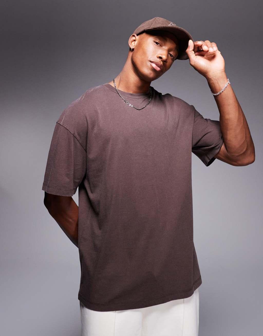 ADPT oversized washed flower back print t-shirt in brown Product Image