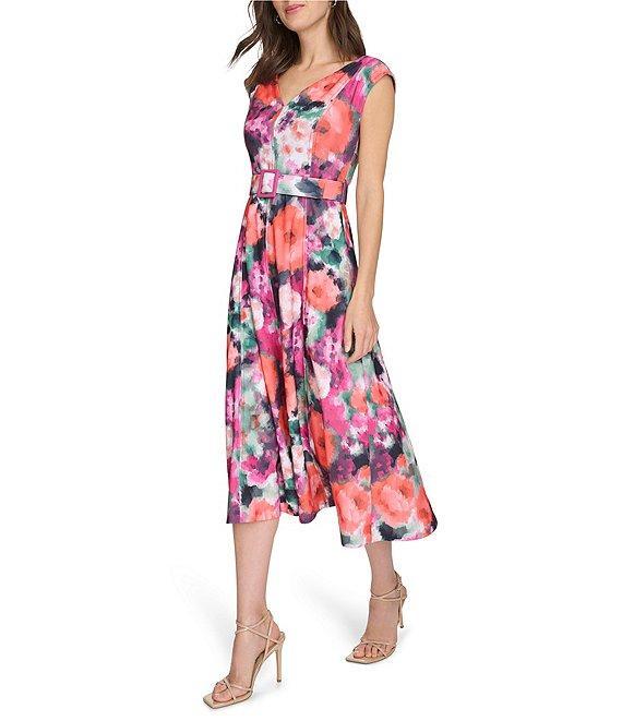 Calvin Klein Scuba Crepe V Neck Short Sleeve Belted A Line Midi Dress Product Image
