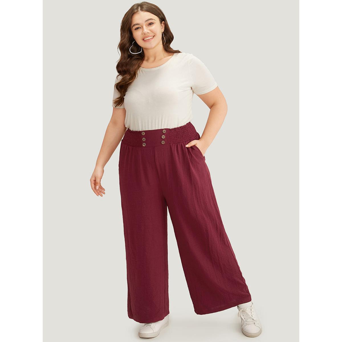 Plus Size Button Detail Shirred Wide Leg Pants Women Burgundy Glamour Wide Leg High Rise Going out Pants BloomChic 18-20/2X Product Image