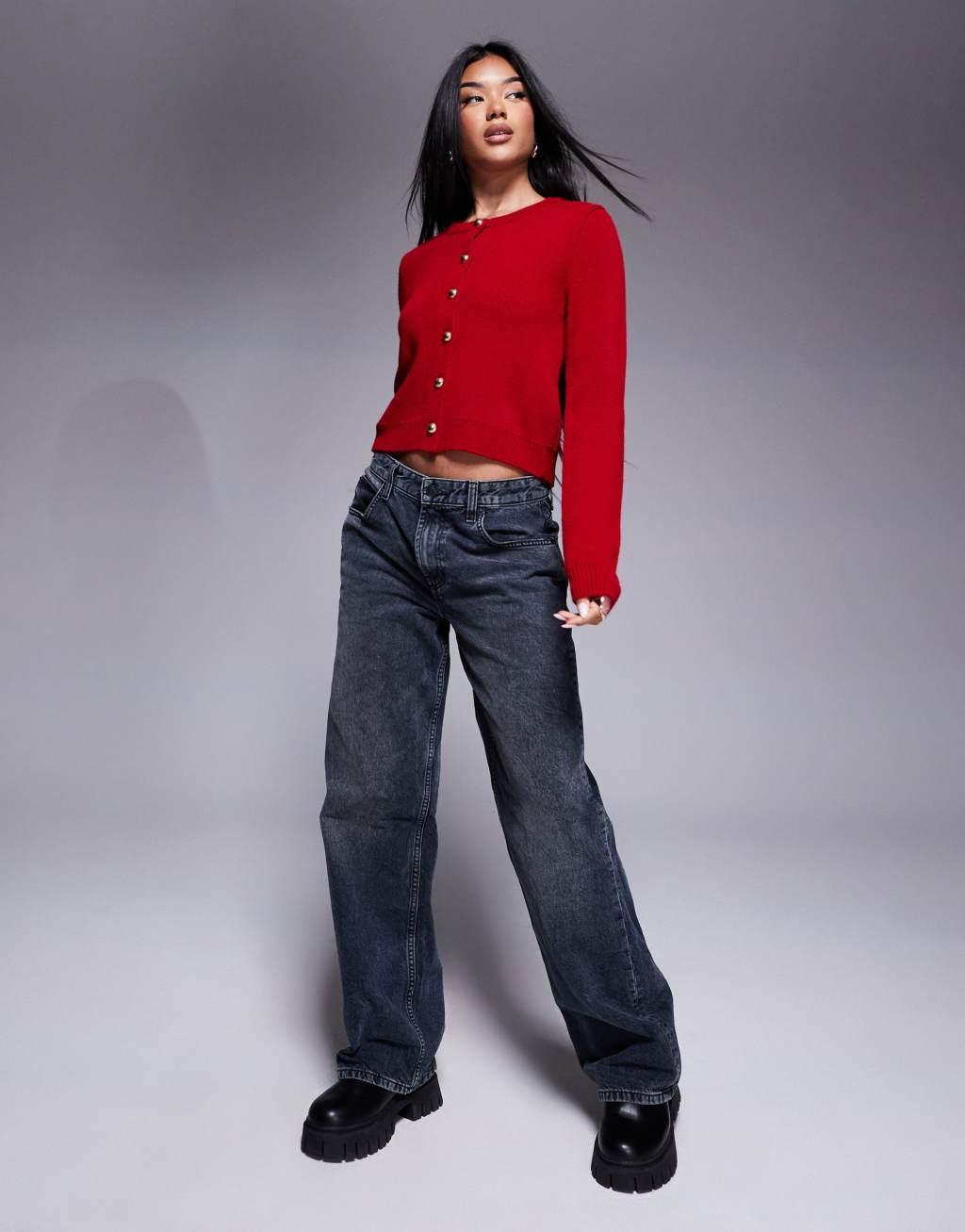 ASOS DESIGN compact knit cardigan with gold buttons in red Product Image