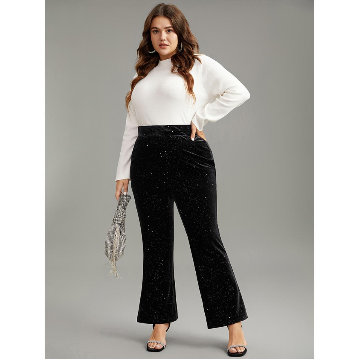 Plus Size Velvet Glitter Patchwork Pocket Flare Leg Pants Women Black Glamour Flare Leg High Rise Festival-Christmas Pants BloomChic 12/L Product Image