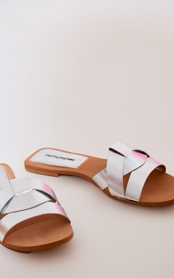 Silver Metallic Round Toe Real Leather Strap Mule Flat Sandals Product Image