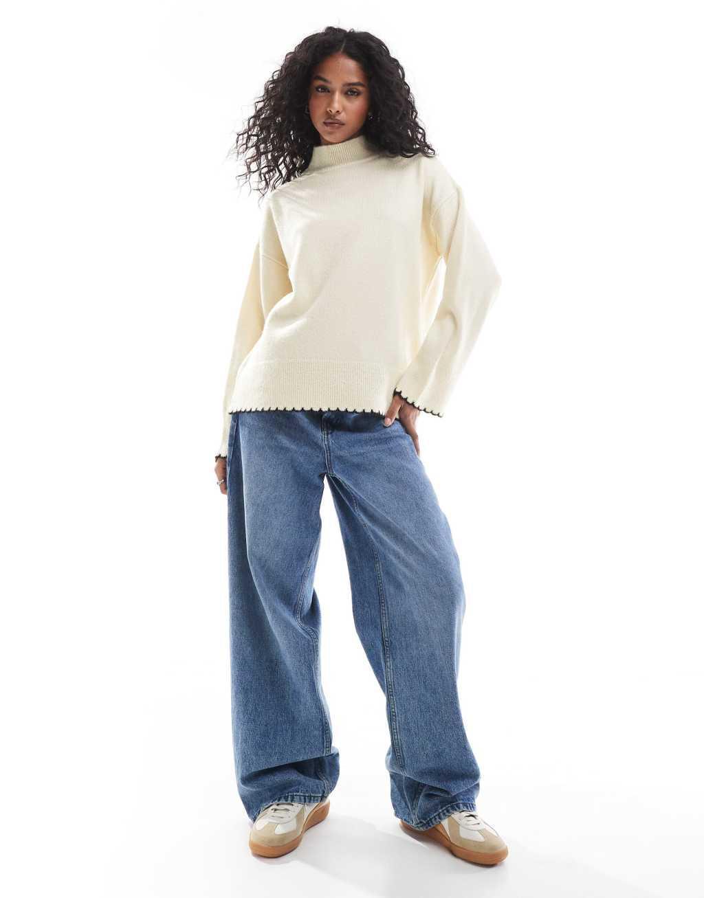 ASOS DESIGN high neck sweater with blanket stitch in cream Product Image